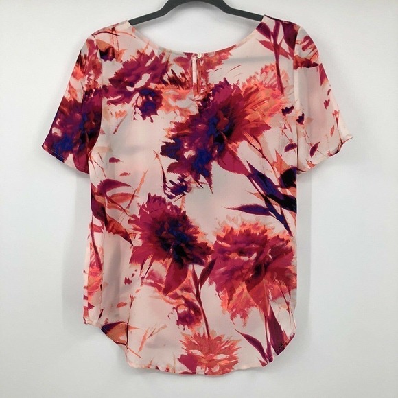 Apt 9 Top Pink Floral Print Women Size M Short Sleeve Chiffon Blouse Scallop Hem - Picture 7 of 11
